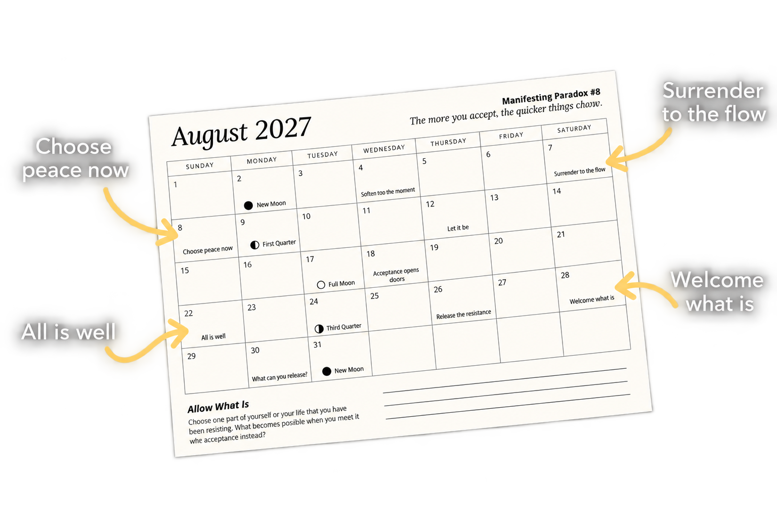 Sample page from the 2027 calendar with daily tips